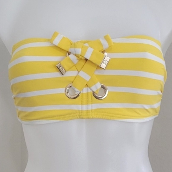 Michael Kors Bikini Top Striped Bandeau Strapless Yellow & White Padded Size XS - Picture 2 of 6